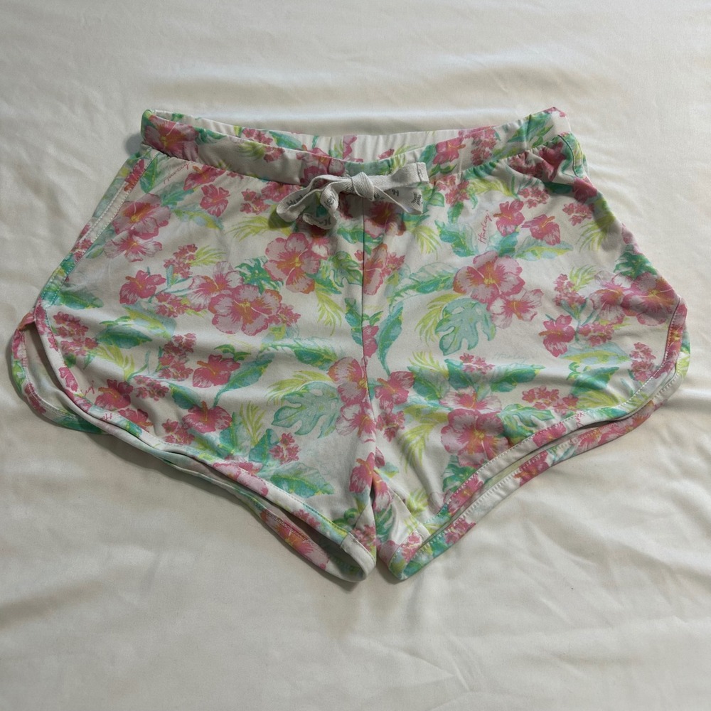 Hurley Womens Tropical Floral Lounge Shorts White Pink Green Dolphin Hem Small